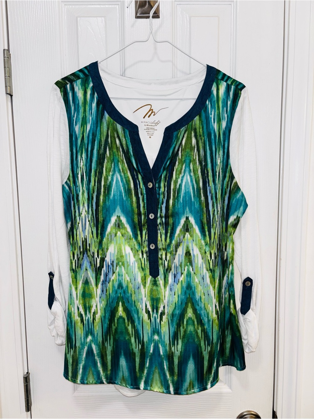Miracle Body Teal, Blue and Green Ikat-Print Tunic with Contrast Trim
